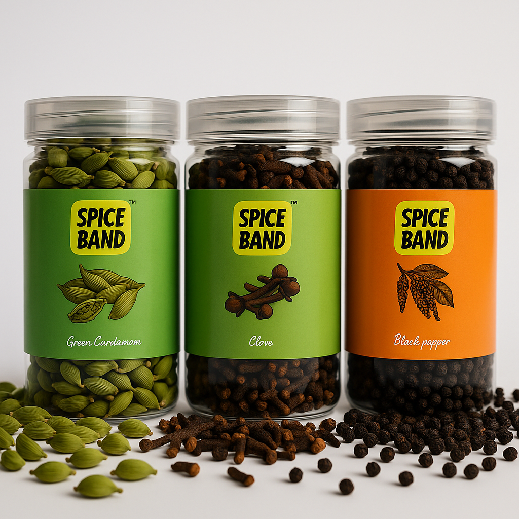 SpiceBand Combo – Cardamom 125g, Black Pepper 200g, Cloves 150g